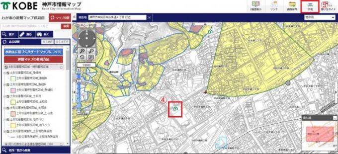 神戸市情報マップの操作手順の地図印刷画面